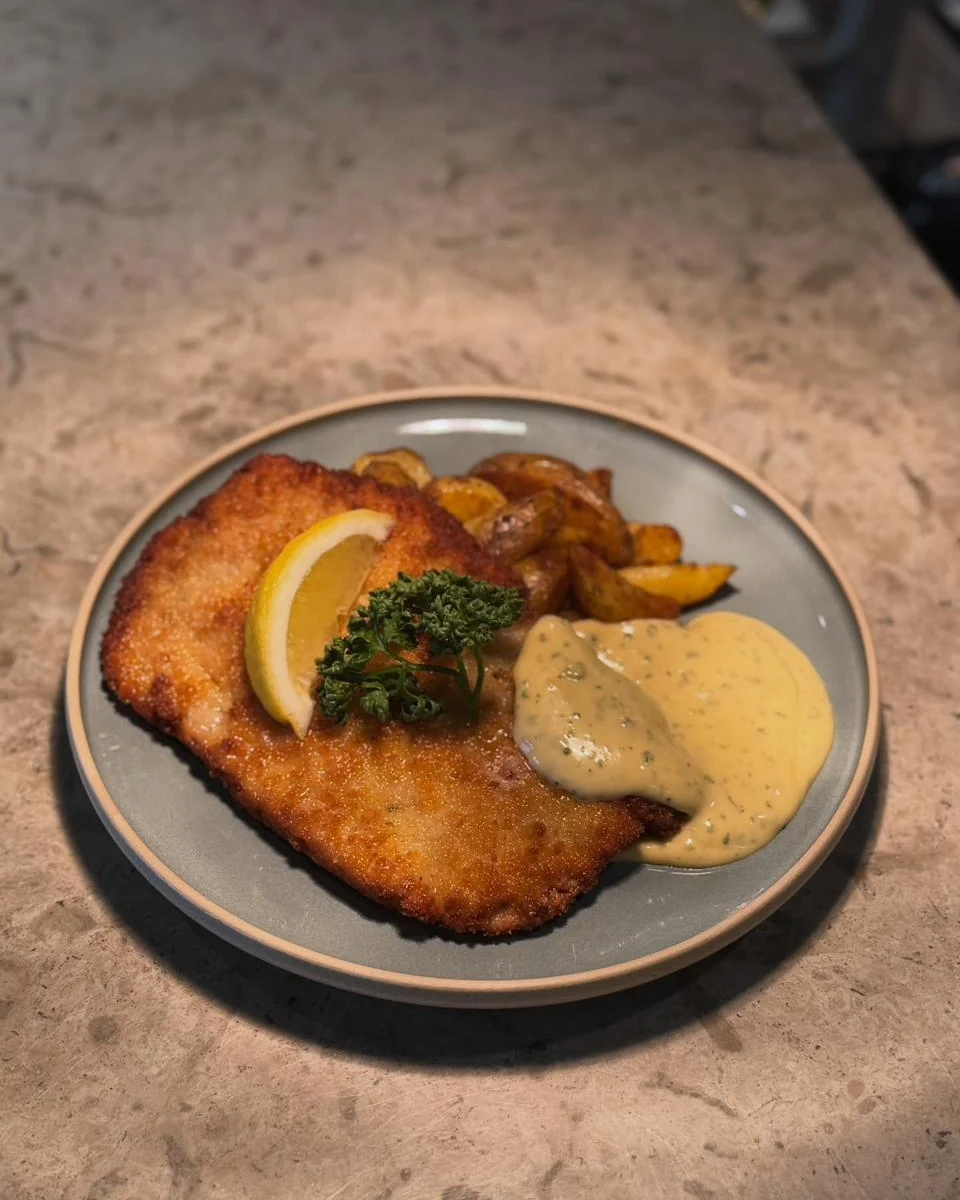 Panerad schnitzel med citronklyfta och sås